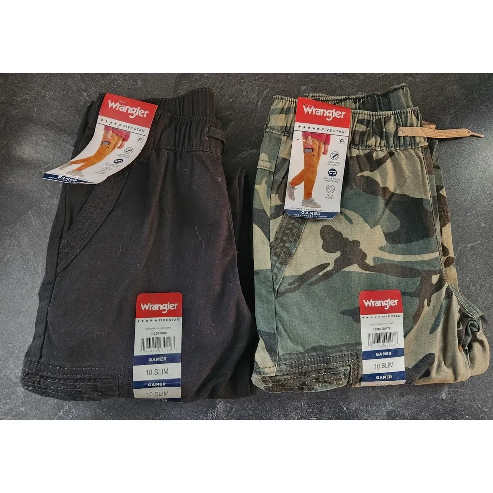 Wrangler Boys Five Star Gamer Pants 2 Pack Camo Black Tech Pocket 10 Slim NEW